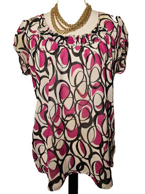 VTG Tailor by B. Moss Womens Babydoll Lined Blouse Pink Black Large Puff Sleeve